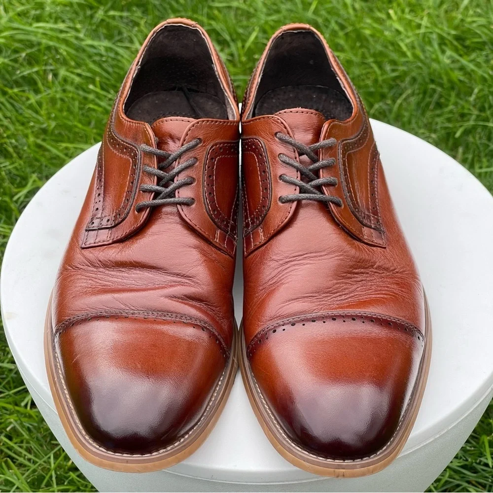 Stacy Adams Dickinson Shoes Mens 7.5 Cognac Brown Lace Up Cap Toe Oxford Dress
